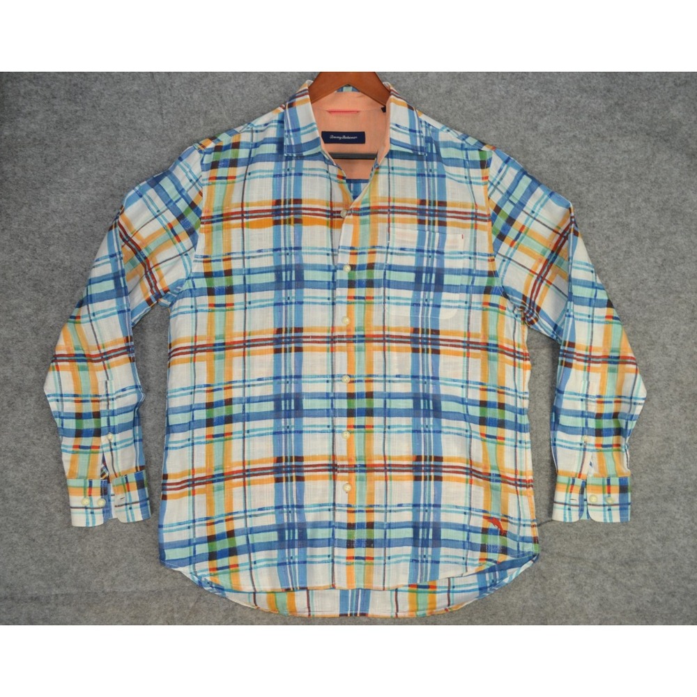 Tommy Bahama Linen Gingham Button Up‎ Shirt Mens Sz M Plaid Lightweight Vacation